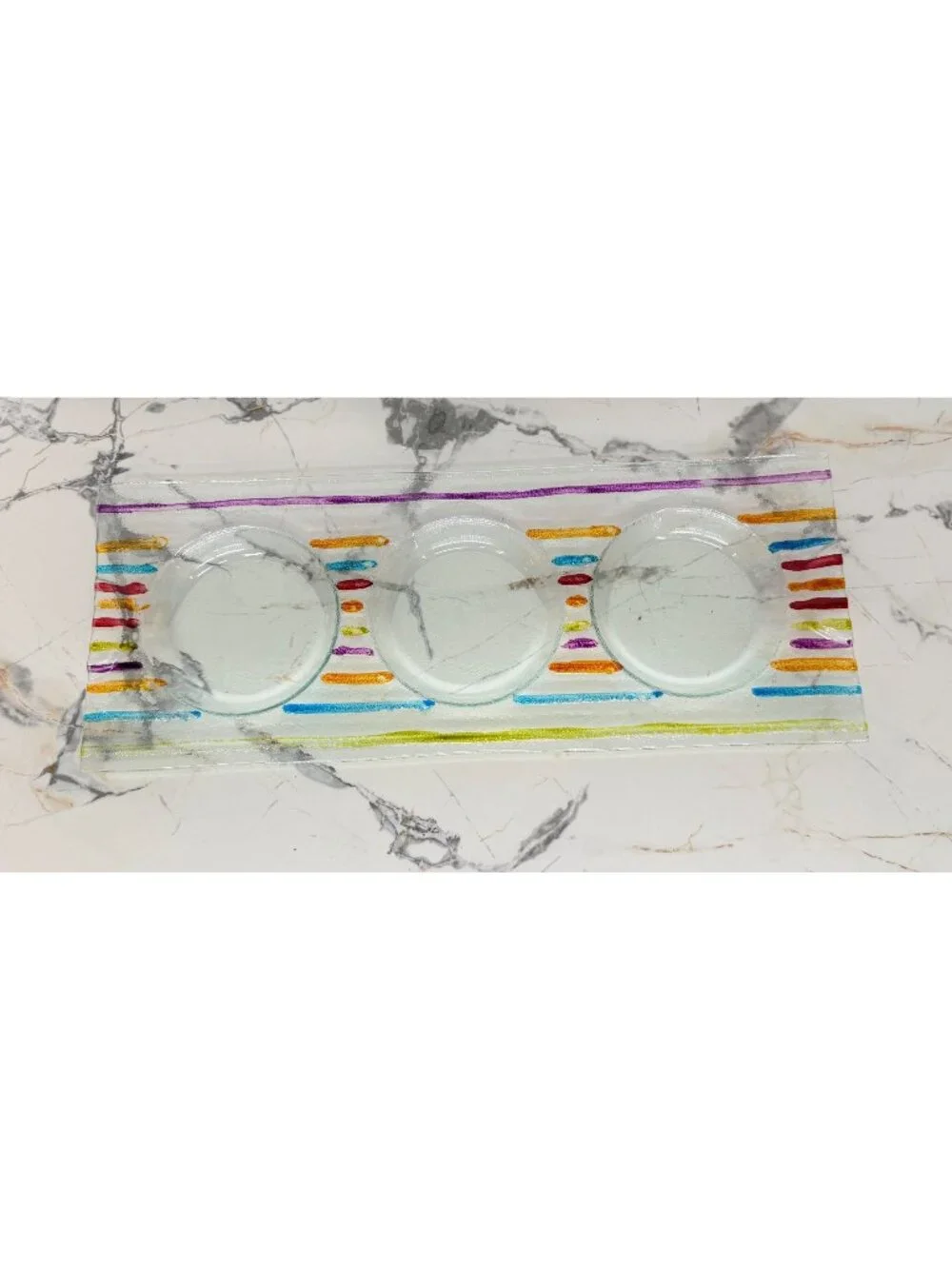 Colorful Fused Glass Condiment Server Tray Hand Painted Striped Appetizer Dish